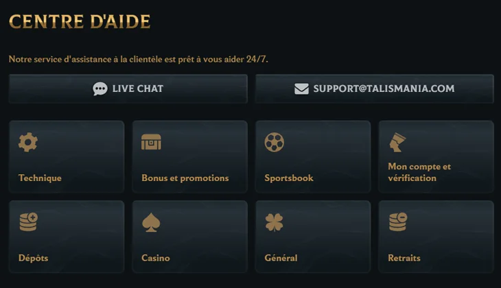 Les nombreuses options pour contacter le casino en ligne Talismania : Live Chat, email, forum...