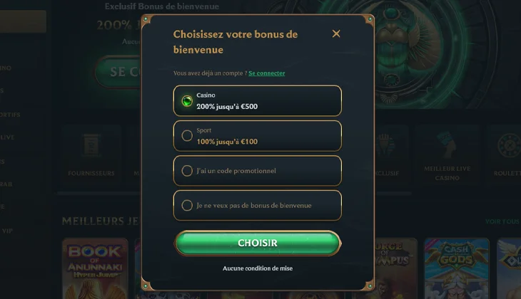 Sélectionnez le Bonus de Bienvenue que vous désirez appliquer sur votre premier dépôt sur le casino Talismania